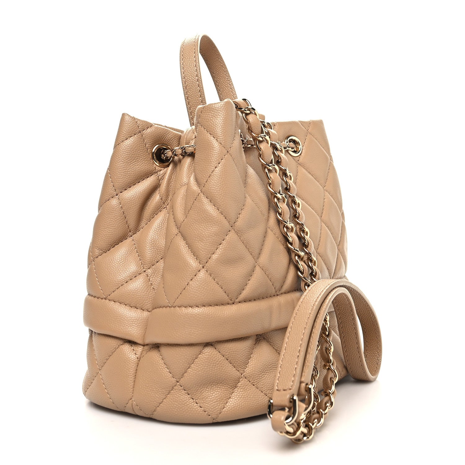 Chanel Caviar Quilted Rolled Up Bucket Drawstring Bag Beige 3 of 13