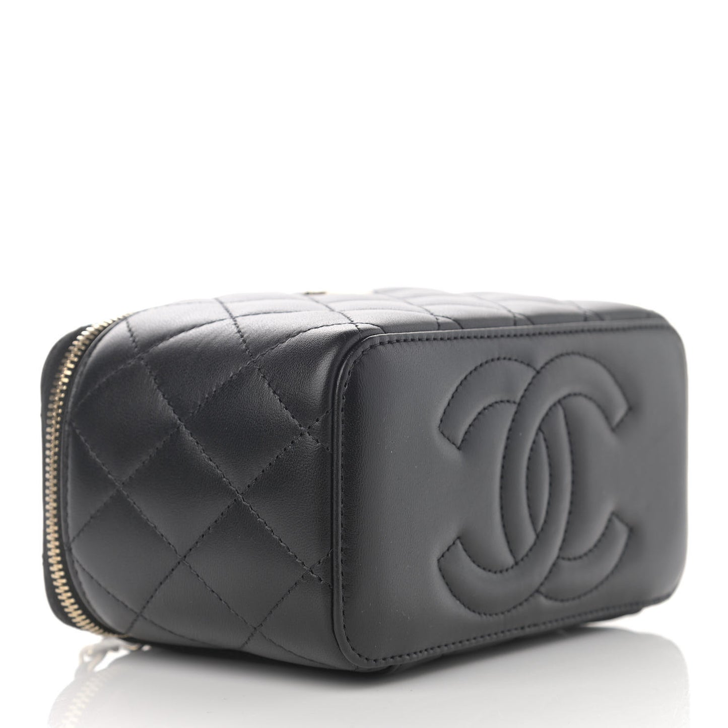 Lambskin Quilted Small Top Handle Vanity Case With Chain Black