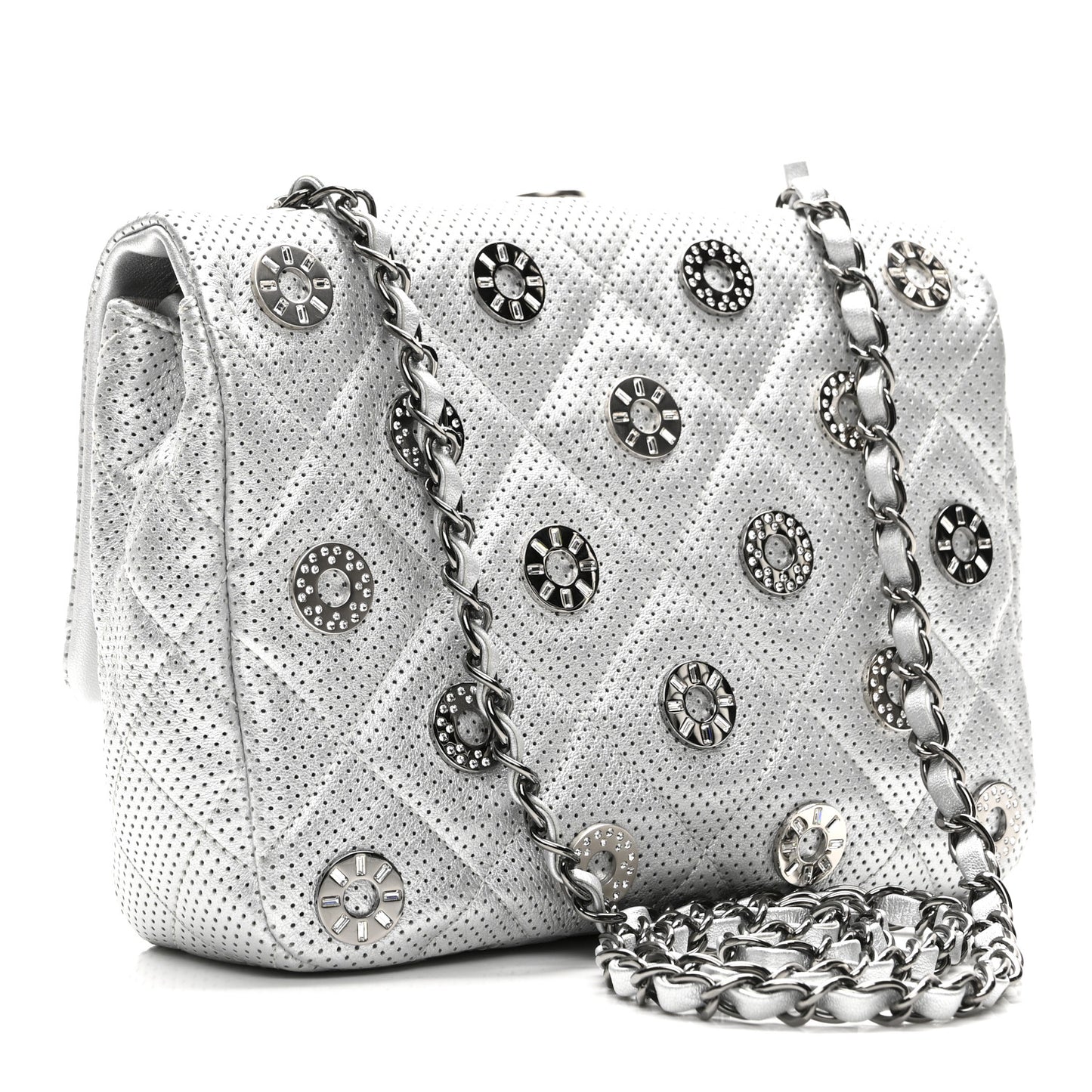 Perforated Metallic Lambskin Small CC Medals Flap Silver