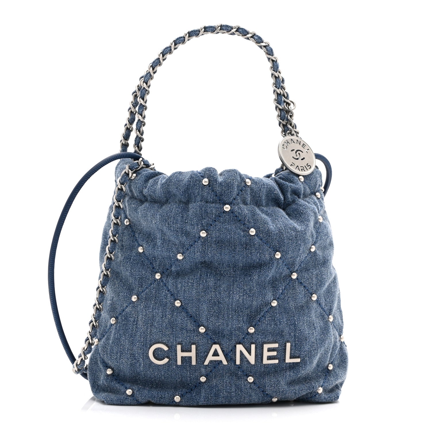 Chanel Washed Denim Quilted Studded Mini Chanel 22 Blue 1 of 10