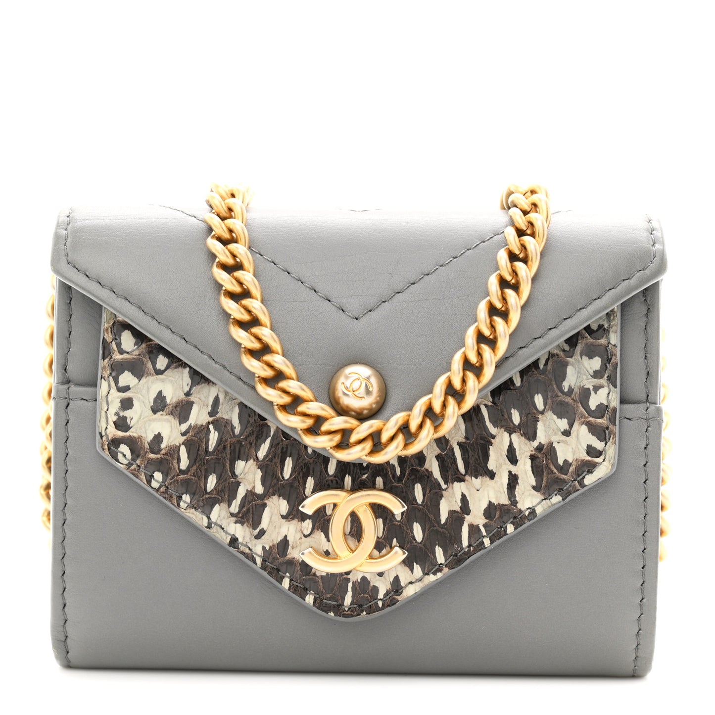 Calfskin Elaphe Double Chevron Card Case On Chain Grey