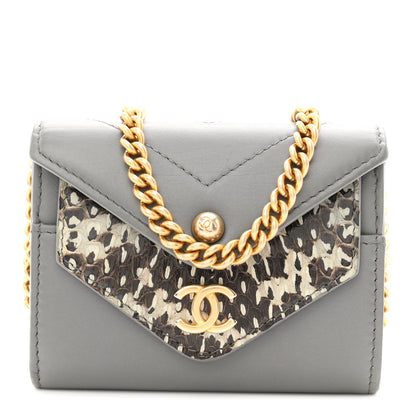 Chanel Calfskin Elaphe Double Chevron Card Case On Chain Grey 9 of 11