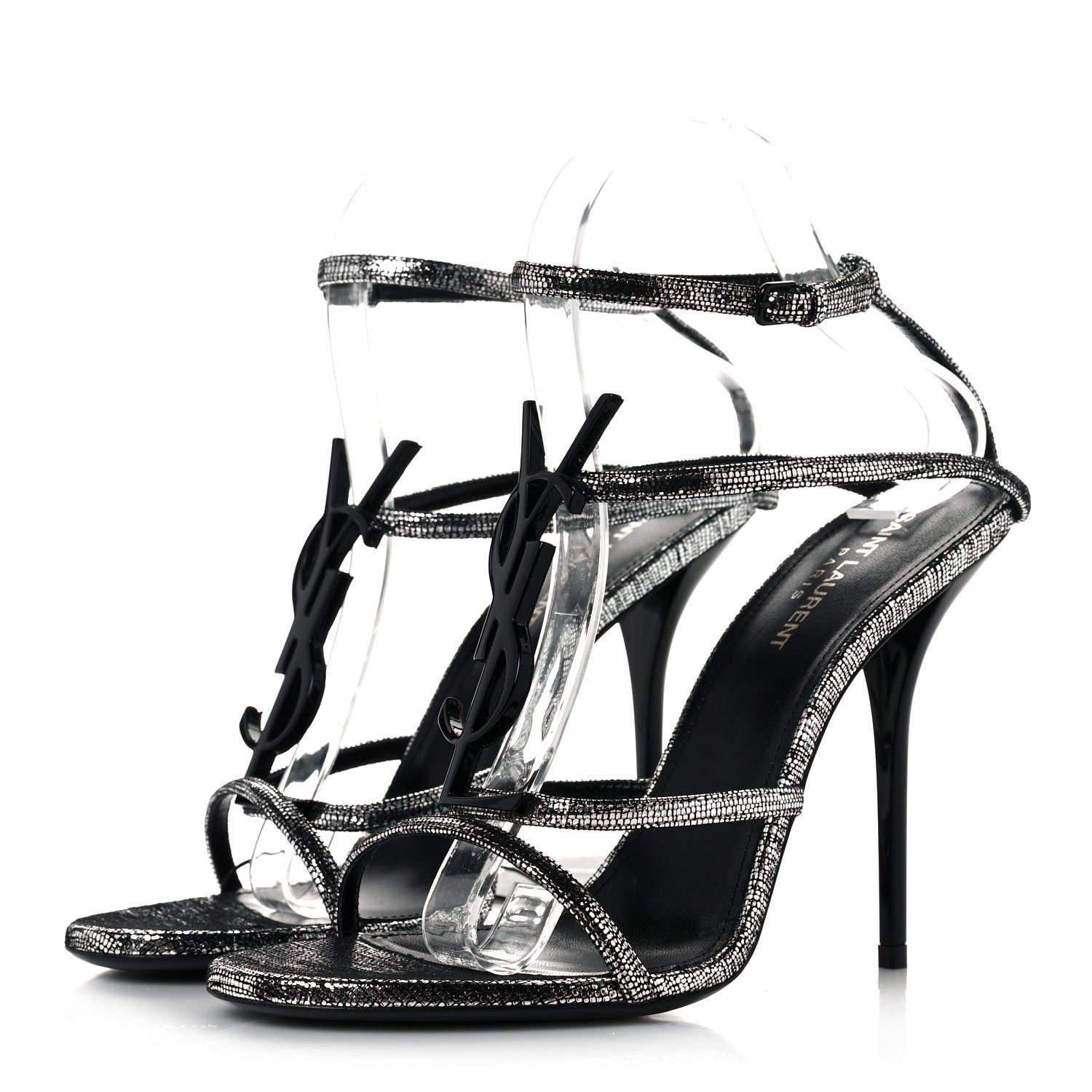 Saint Laurent Metallic Calfskin Cassandra 110 Ankle Strap Sandals 39.5 Argento 4 of 10