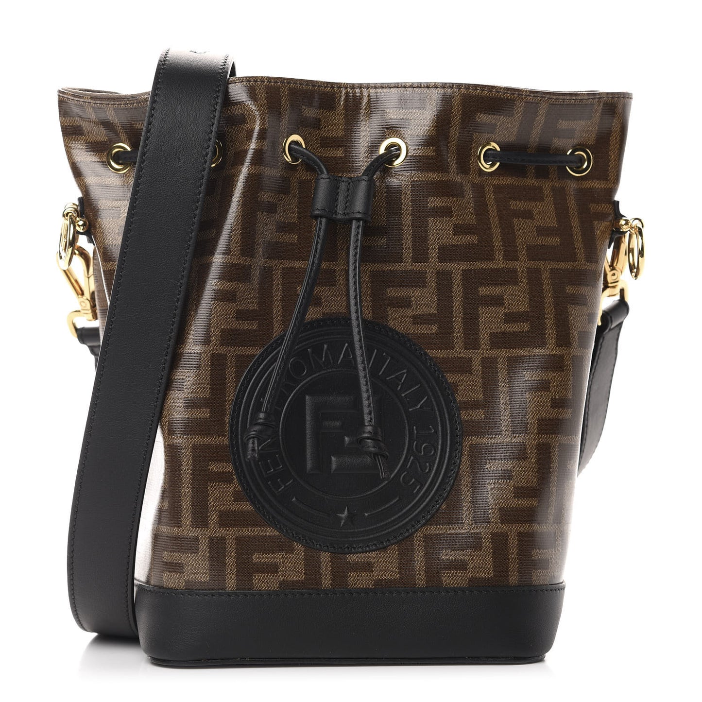 Glazed Fabric Vitello Grace F is Fendi FF 1974 Stamp Patch Grande Mon Tresor Bucket Bag Mogano Panna Black