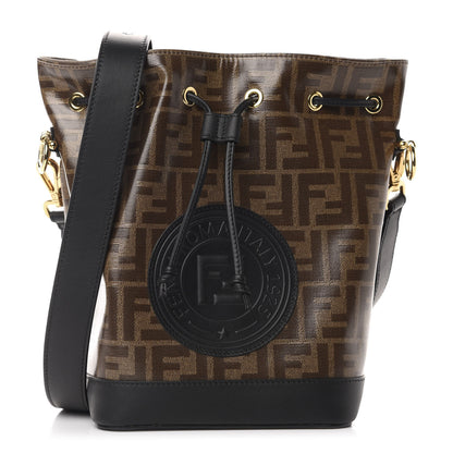 Fendi Glazed Fabric Vitello Grace F is Fendi FF 1974 Stamp Patch Grande Mon Tresor Bucket Bag Mogano Panna Black 1 of 11