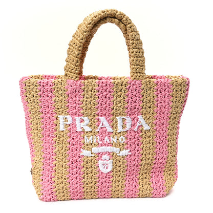 Prada Yarn Raffia Effect Crochet Striped Small Logo Tote Naturale Petalo 1 of 11