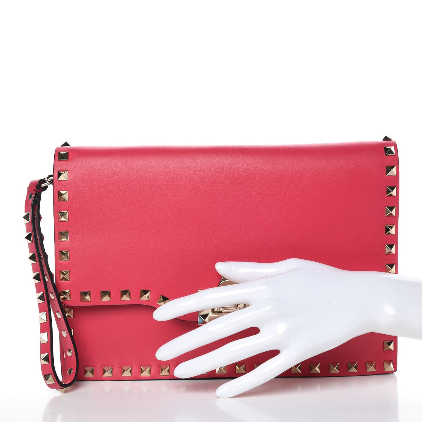 Vitello Rockstud Flip Lock Wristlet Clutch Deep Fuxia