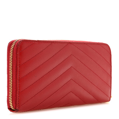Saint Laurent Grain De Poudre Matelasse Chevron Monogram Zip Around Wallet Red 3 of 12