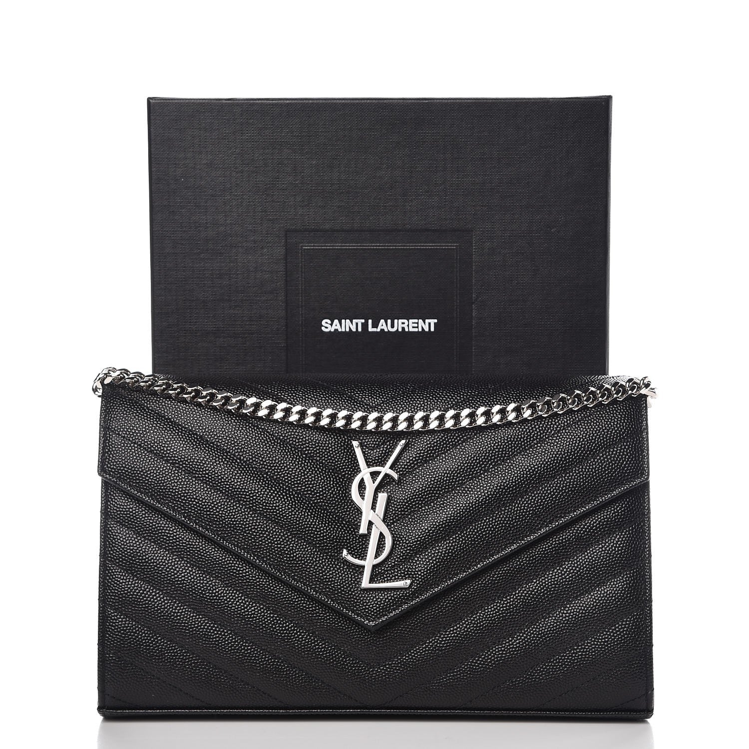 Saint Laurent Grain De Poudre Matelasse Chevron Monogram Chain Wallet Black 7 of 7