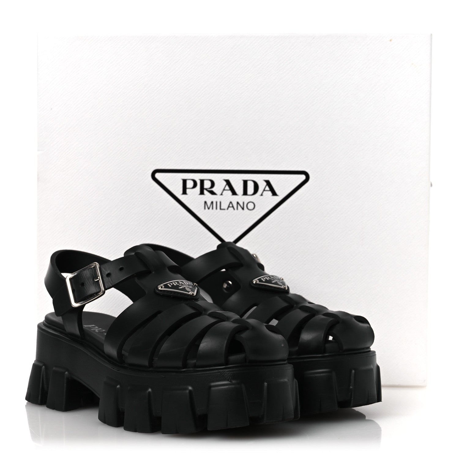 Prada Foam Rubber Triangle Logo Monolith 55mm Cage Sandals 36 Black 15 of 15