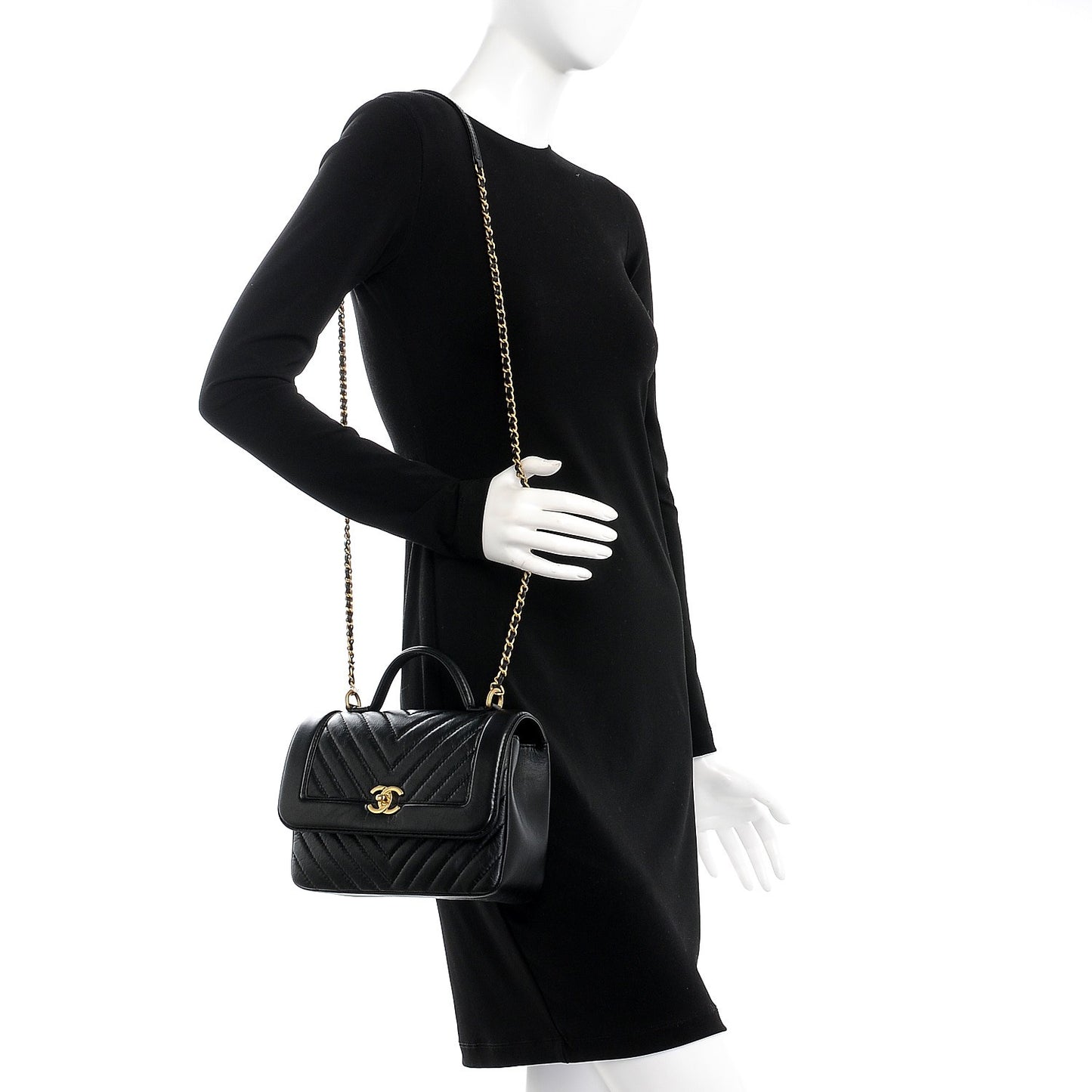 Calfskin Chevron Quilted Top Handle Flap Black