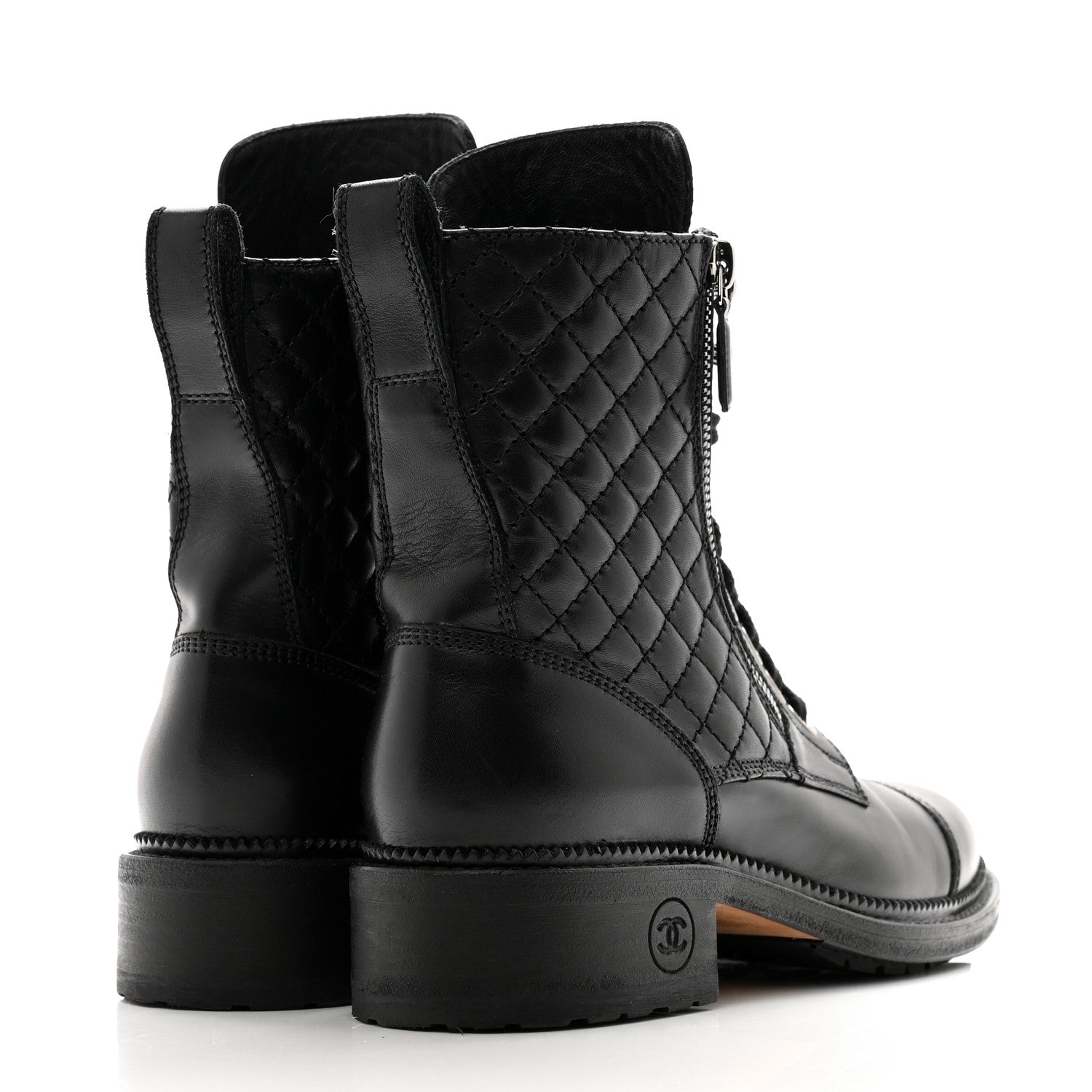 Chanel Calfskin Quilted Lace Up Combat Boots 37.5 Black 4 of 12