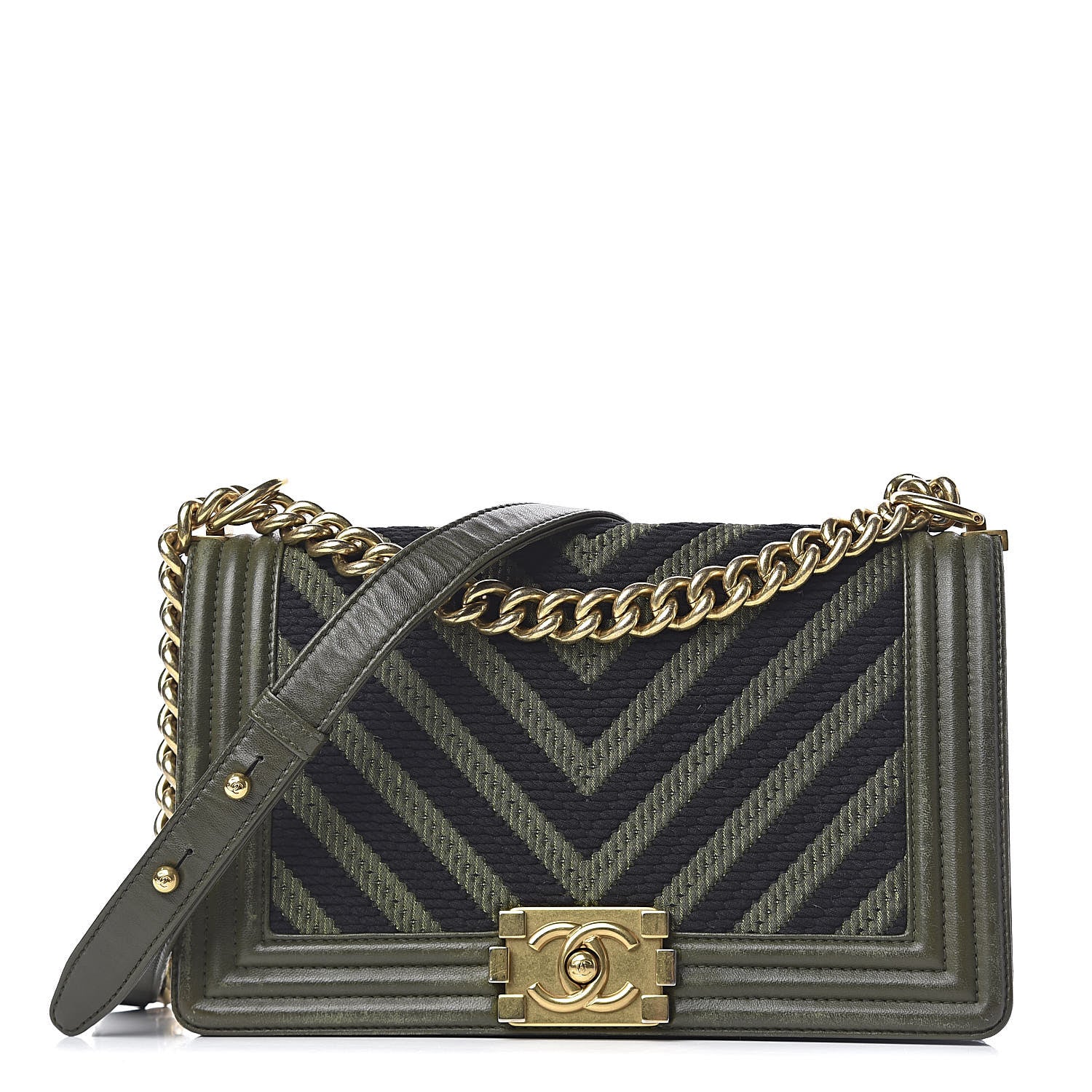Chanel Fabric Chevron Braided Medium Boy Flap Black Dark Green 1 of 28