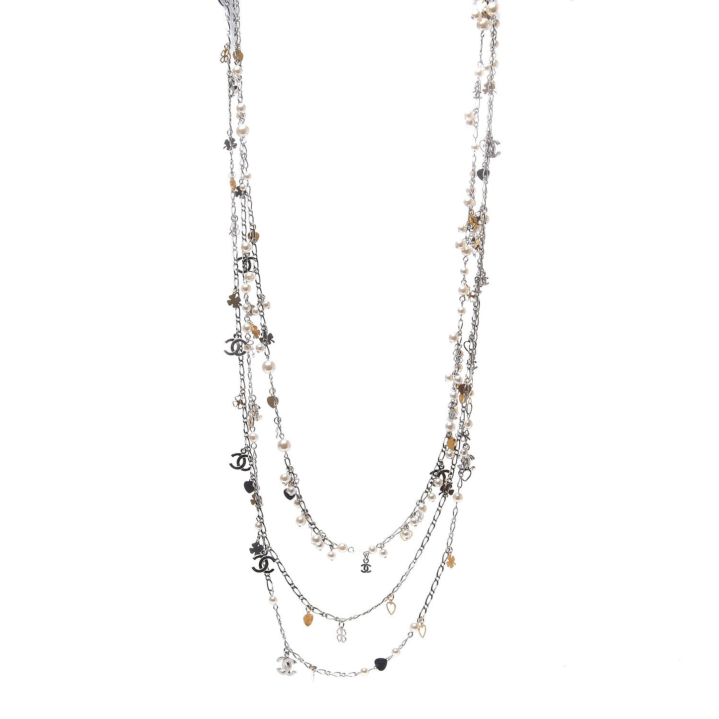 Pearl Beaded Resin CC Multi Strand Long Necklace Silver Nacre