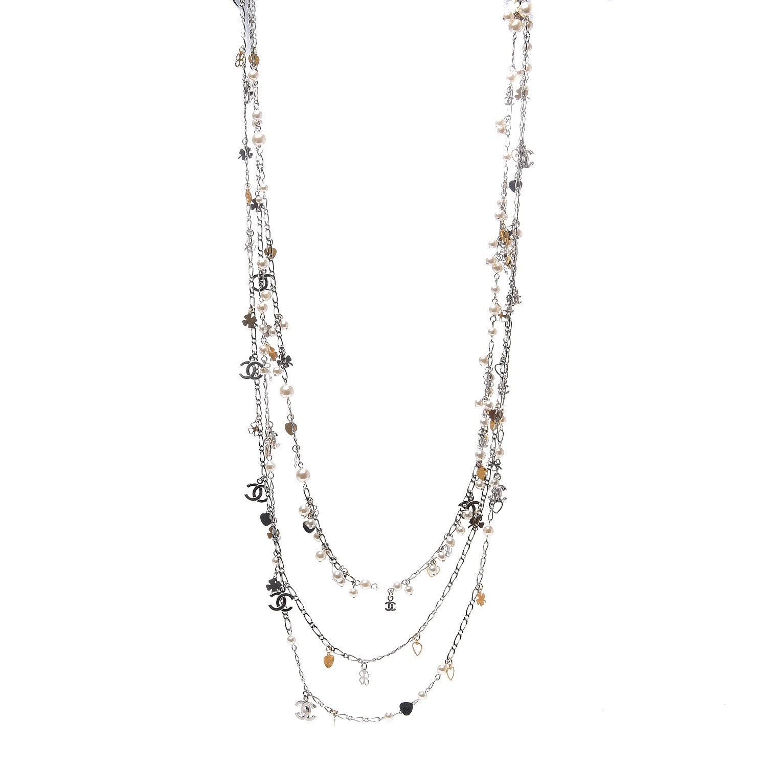 Chanel Pearl Beaded Resin CC Multi Strand Long Necklace Silver Nacre 1 of 3