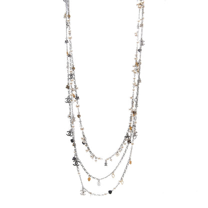Chanel Pearl Beaded Resin CC Multi Strand Long Necklace Silver Nacre 1 of 3