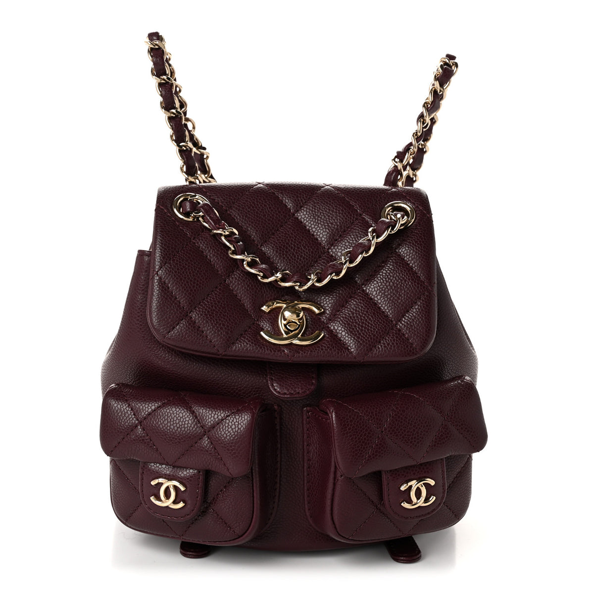 Shiny Caviar Quilted Small Duma Pockets Drawstring Backpack Burgundy