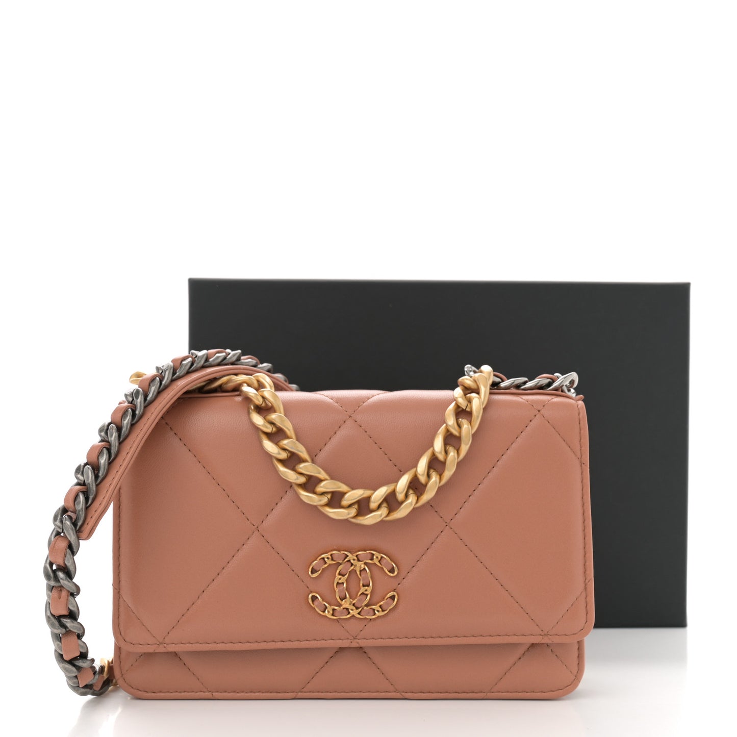 Lambskin Quilted Chanel 19 Wallet On Chain WOC Brown
