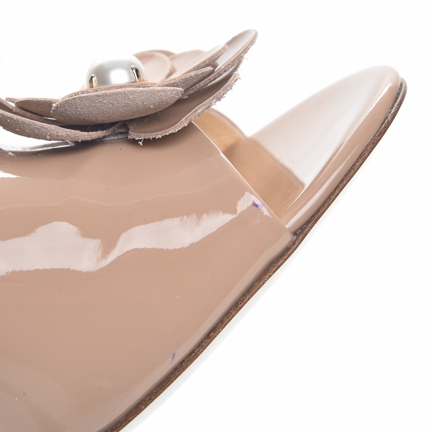 Chanel Patent Calfskin Pearl Camellia Peep Toe Pumps 38 Beige 10 of 11