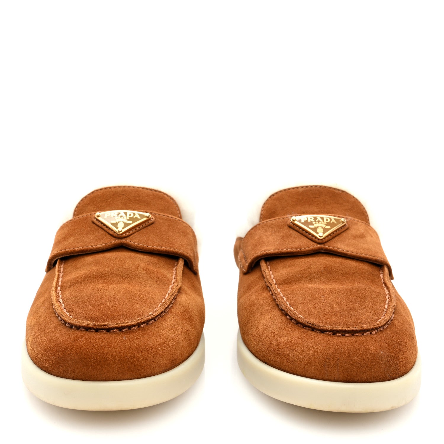 Prada Suede Shearling Triangle Logo Loafer Mules 37 Cognac 4 of 9