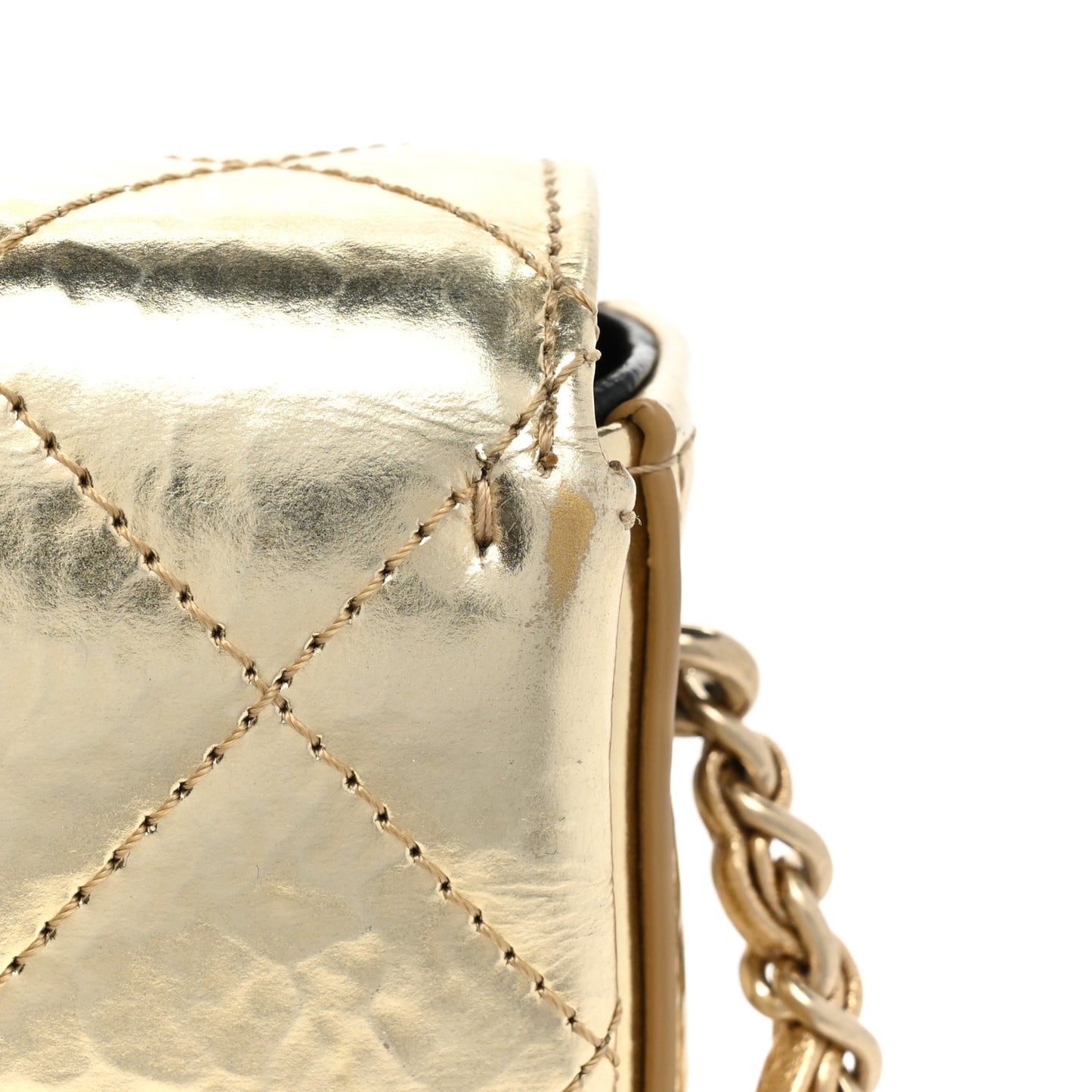 Hammered Metallic Calfskin Quilted Flap Gold