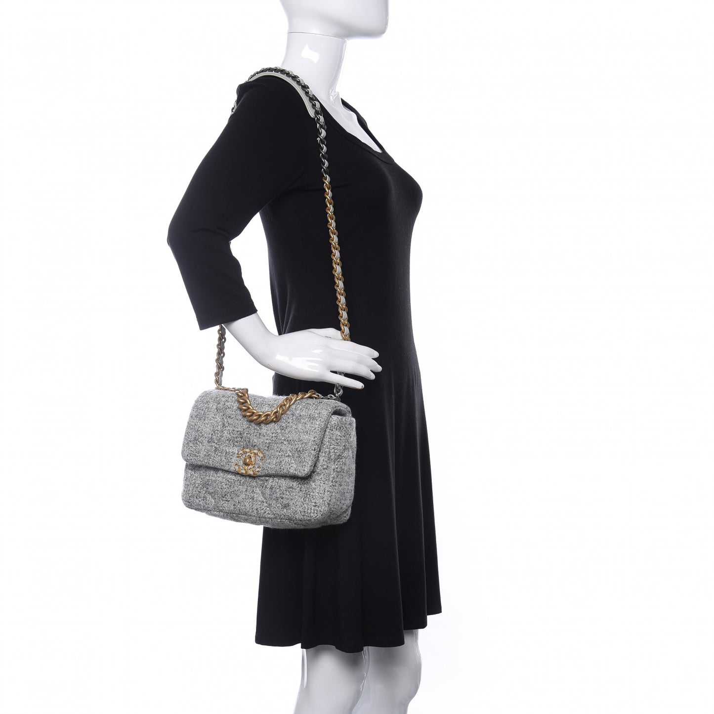 Tweed Quilted Medium Chanel 19 Flap Grey Ecru
