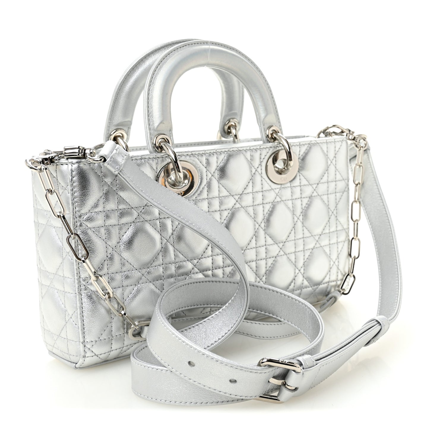 Iridescent Metallic  Lambskin Cannage Medium Lady D-Joy Silver