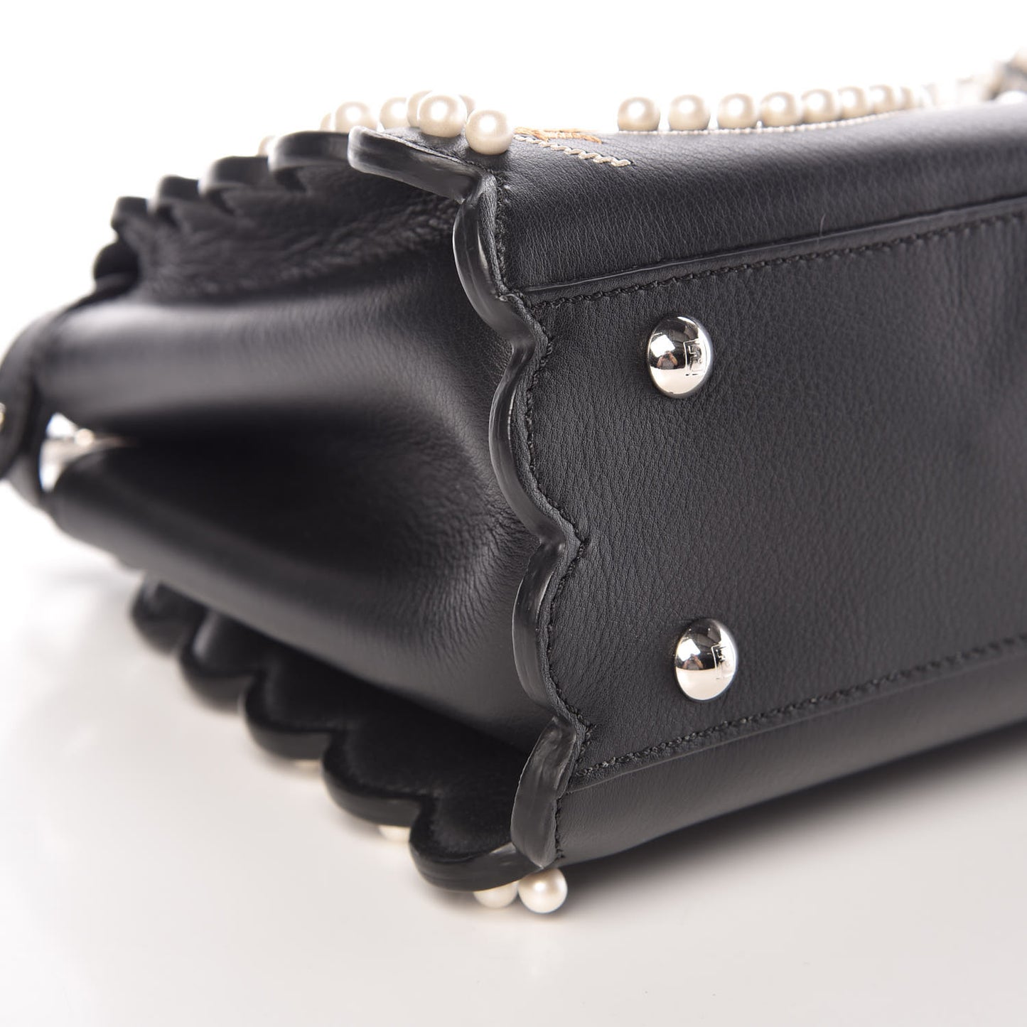 Calfskin Flowers and Bows Scalloped Mini Peekaboo Iconic Satchel Black Camelia