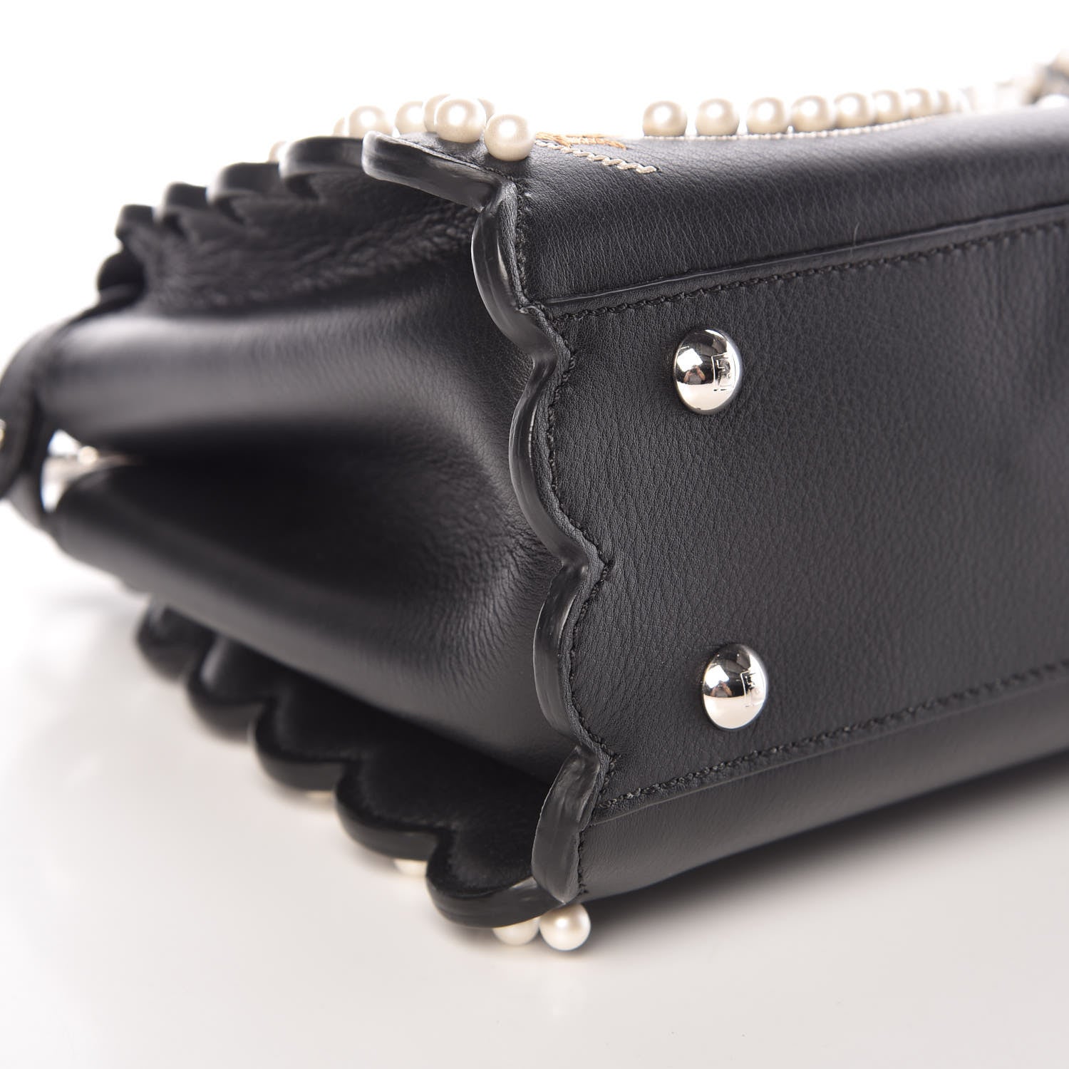 Fendi Calfskin Flowers and Bows Scalloped Mini Peekaboo Iconic Satchel Black Camelia 5 of 11