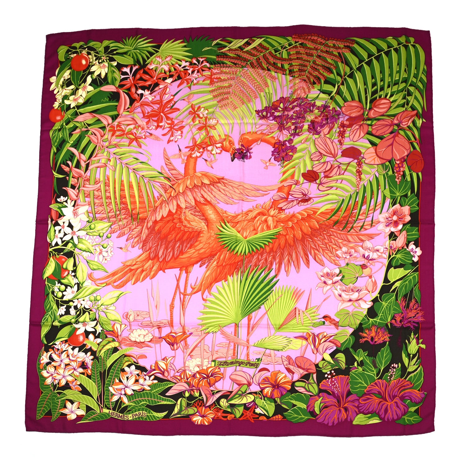 Hermes Cashmere Silk Flamingo Party Shawl 140 Bougainvillier Mauve Vert 1 of 7