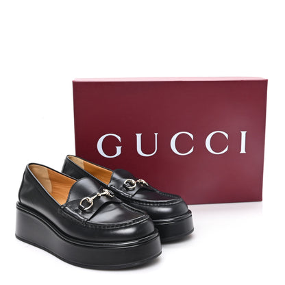 Gucci Kama Calfskin Horsebit Womens Wedge Platform Loafers 38 Black 10 of 10