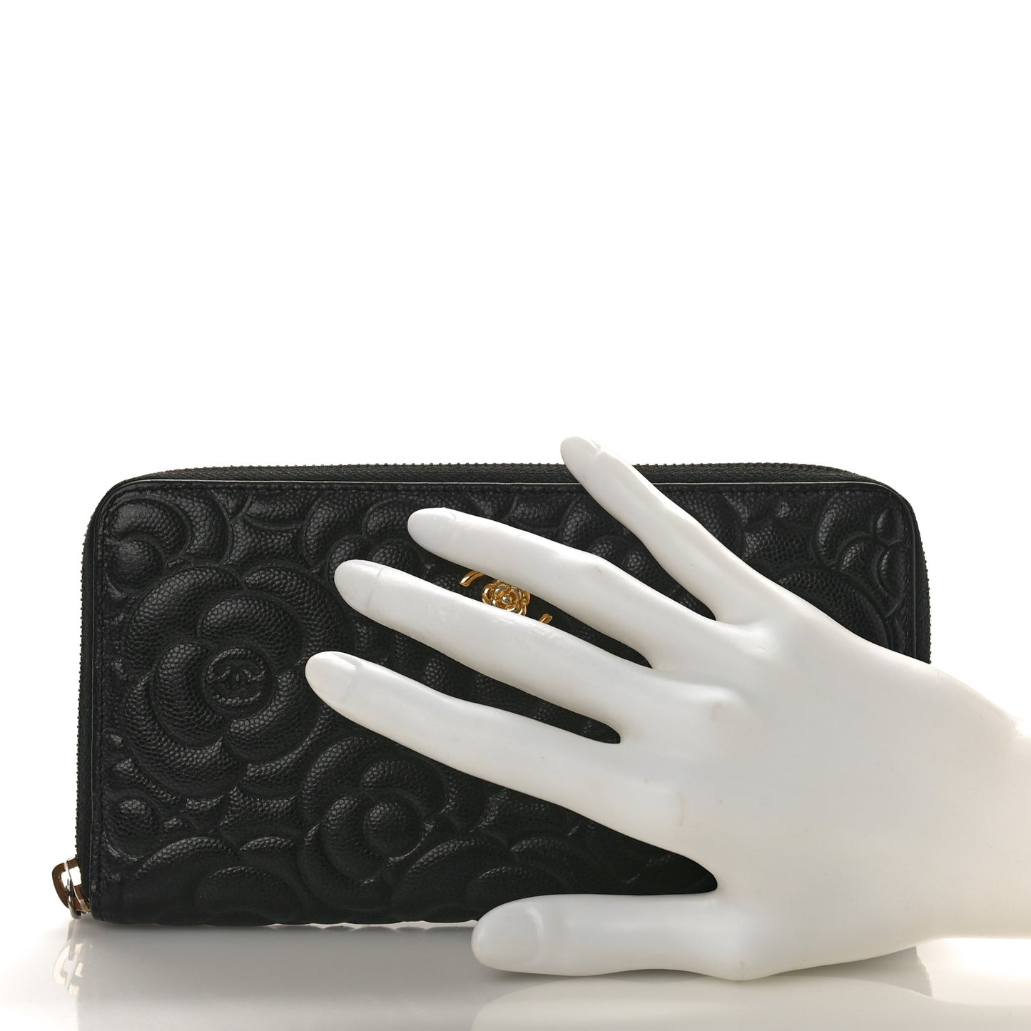 Caviar Camellia Embossed Large Zip Around Gusset Wallet Black
