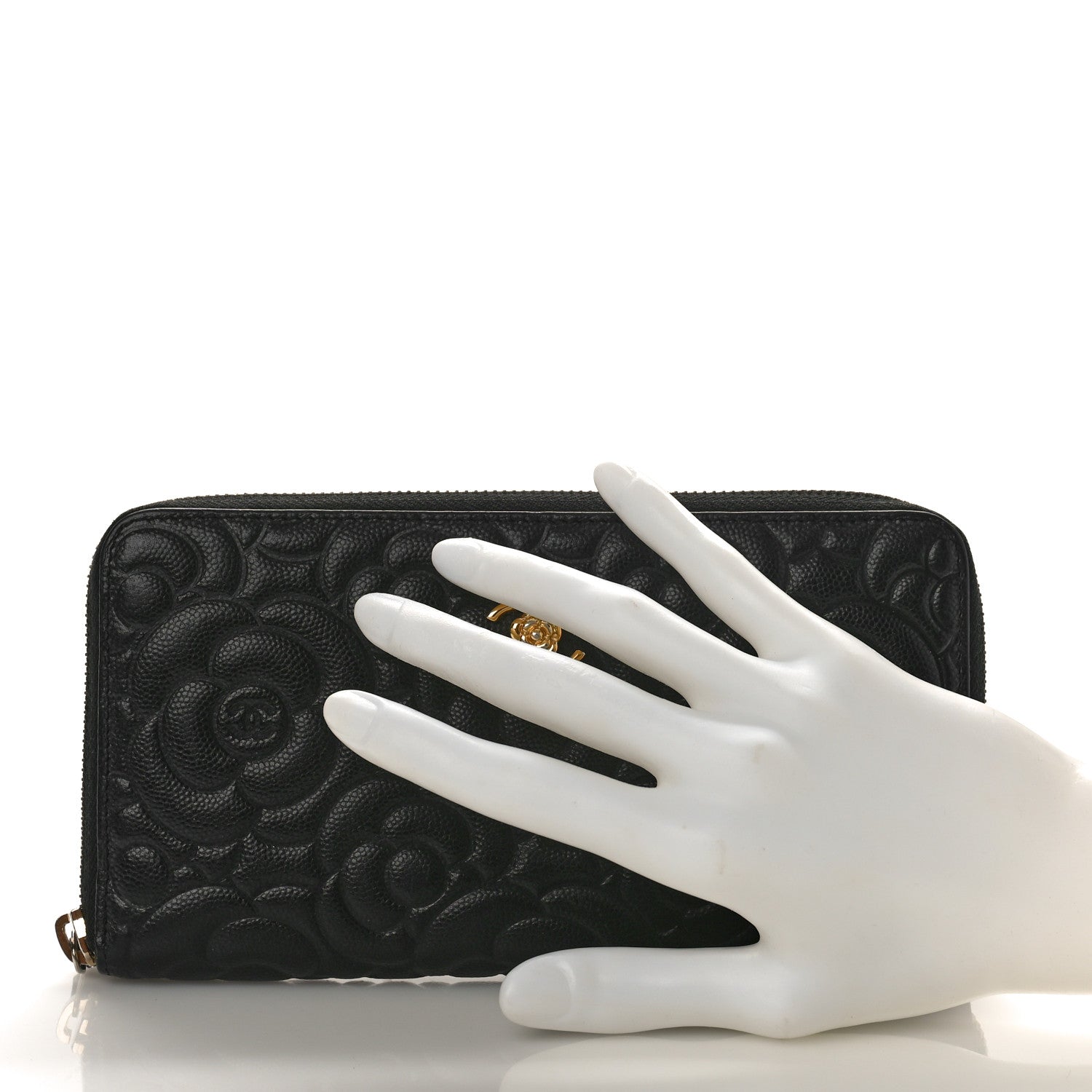 Chanel Caviar Camellia Embossed Large Zip Around Gusset Wallet Black 2 of 10