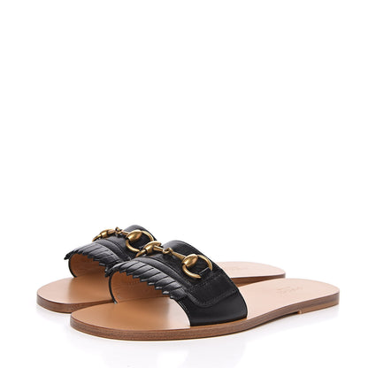 Gucci Malaga Kid Fringe Horsebit Slide Sandals 37.5 Black 3 of 10