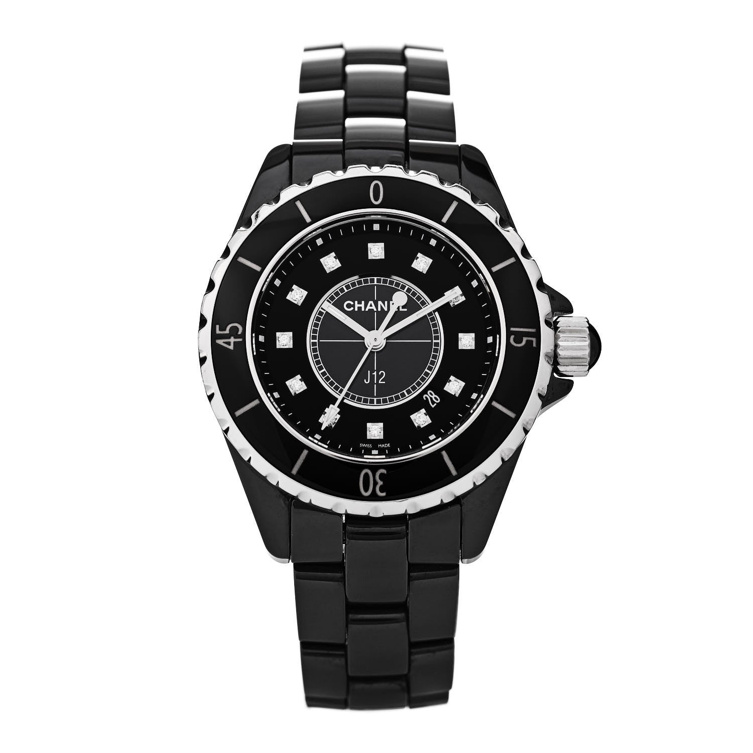 Chanel Stainless Steel Ceramic Diamond 33mm J12 Quartz Watch Black 1 of 5