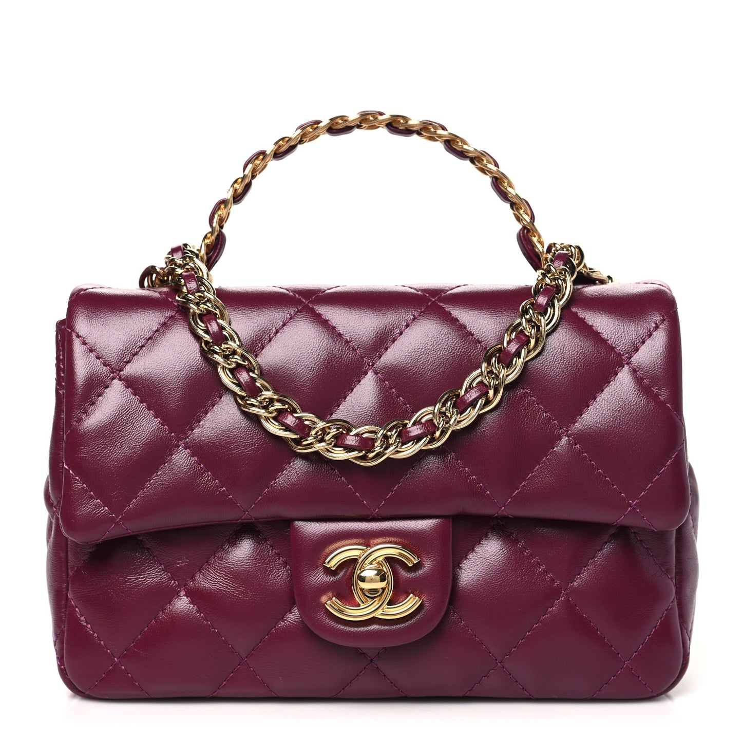 Shiny Lambskin Quilted Golden Links Top Handle Flap Dark Purple