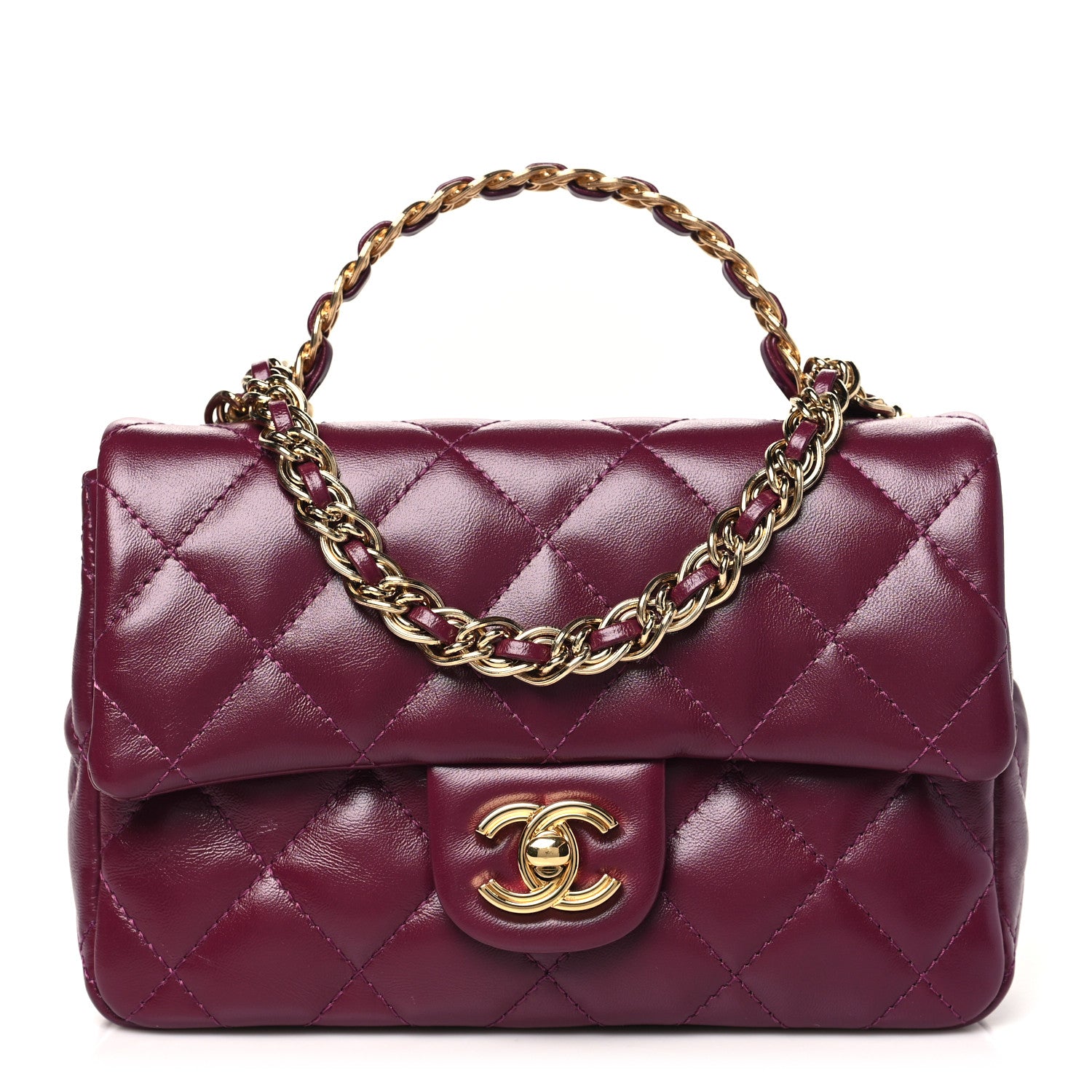 Chanel Shiny Lambskin Quilted Golden Links Top Handle Flap Dark Purple 1 of 11