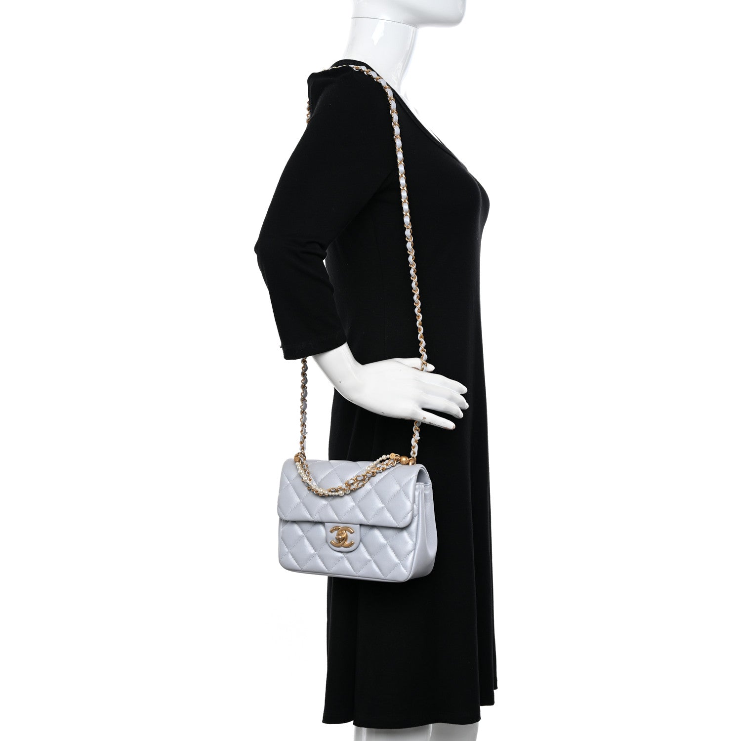 Chanel Shiny Lambskin Quilted Pearl Twist Mini Square Flap Light Grey 2 of 11