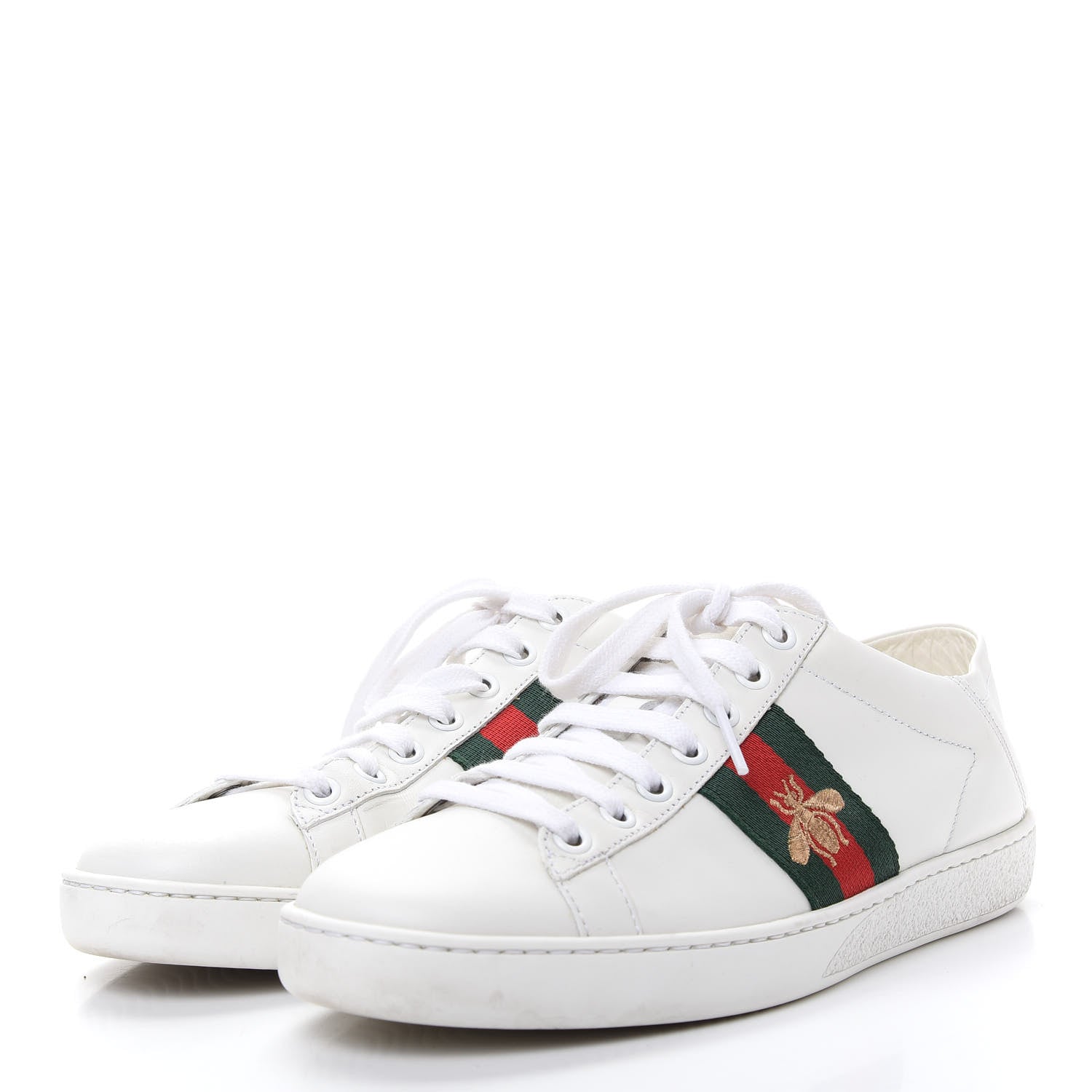 Gucci Calfskin Web Bee Embroidered Womens Ace Sneakers 37 White Green 3 of 11