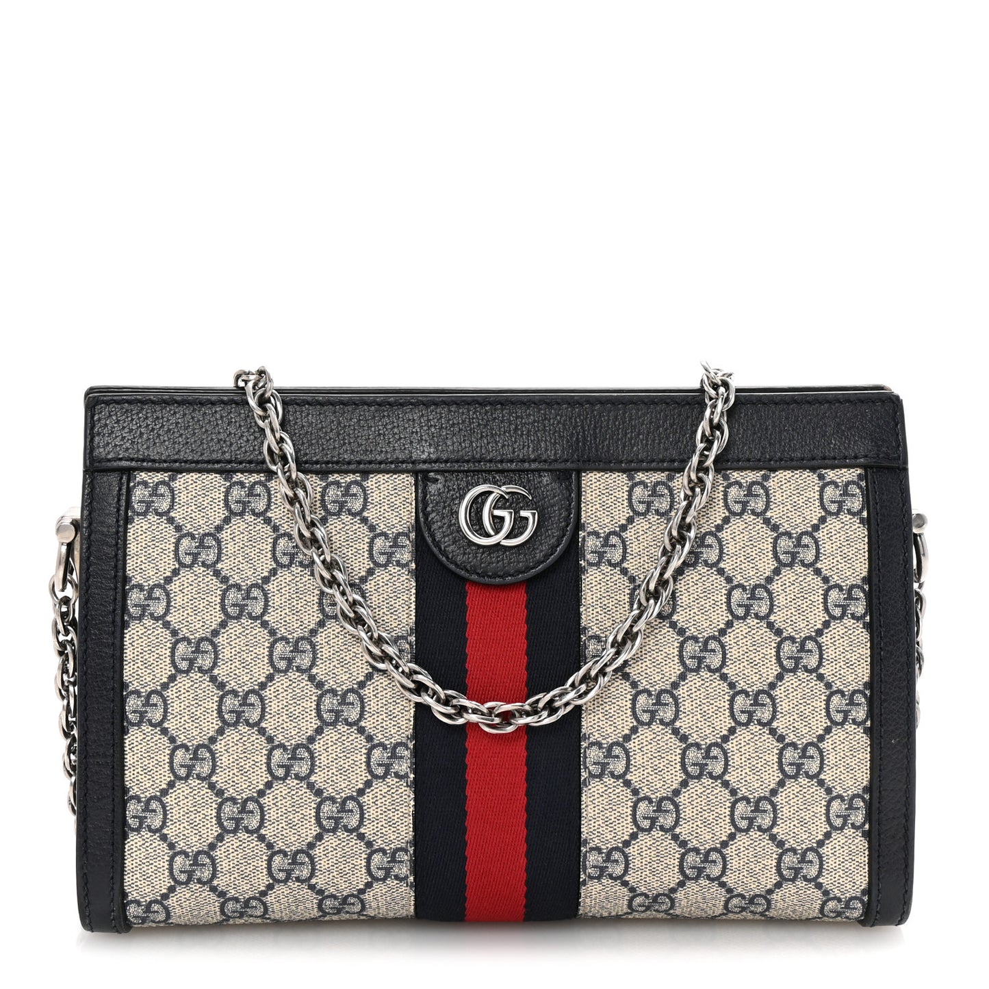 GG Supreme Monogram Textured Dollar Calfskin Web Small Ophidia Chain Shoulder Bag Beige Blue