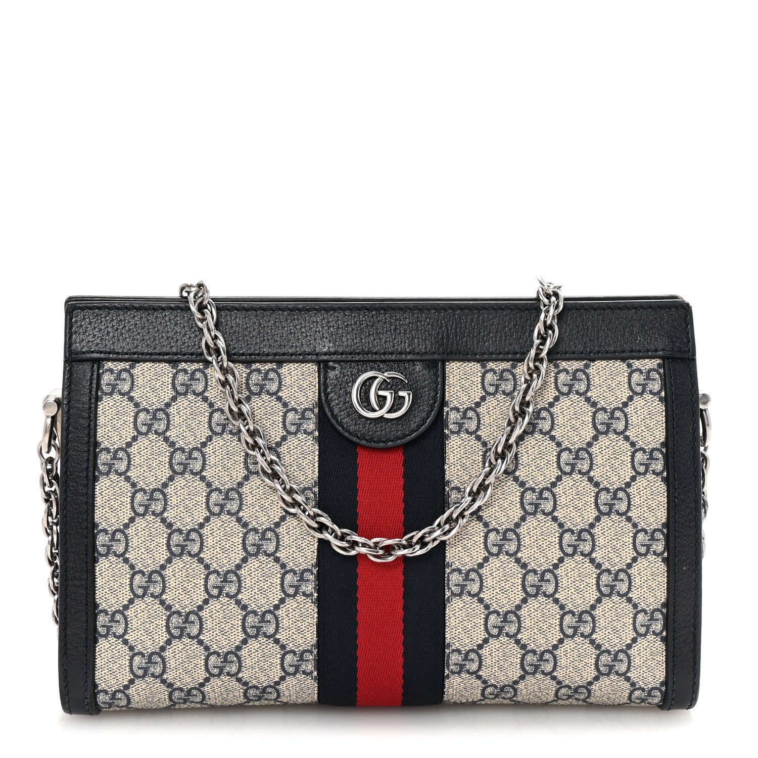 Gucci GG Supreme Monogram Textured Dollar Calfskin Web Small Ophidia Chain Shoulder Bag Beige Blue 1 of 9