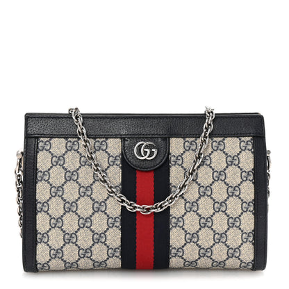Gucci GG Supreme Monogram Textured Dollar Calfskin Web Small Ophidia Chain Shoulder Bag Beige Blue 1 of 9