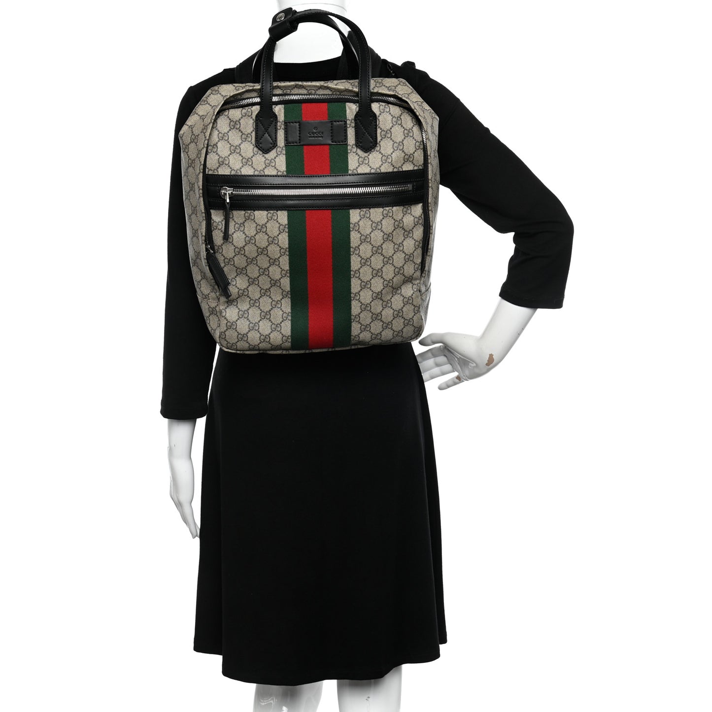 Soft GG Supreme Monogram Appia Calfskin Web Tote Backpack Beige Ebony Black
