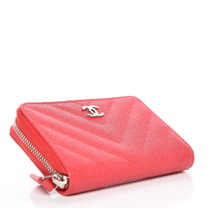 Chanel Caviar Chevron Quilted Zip Coin Purse Light Red 12 of 16