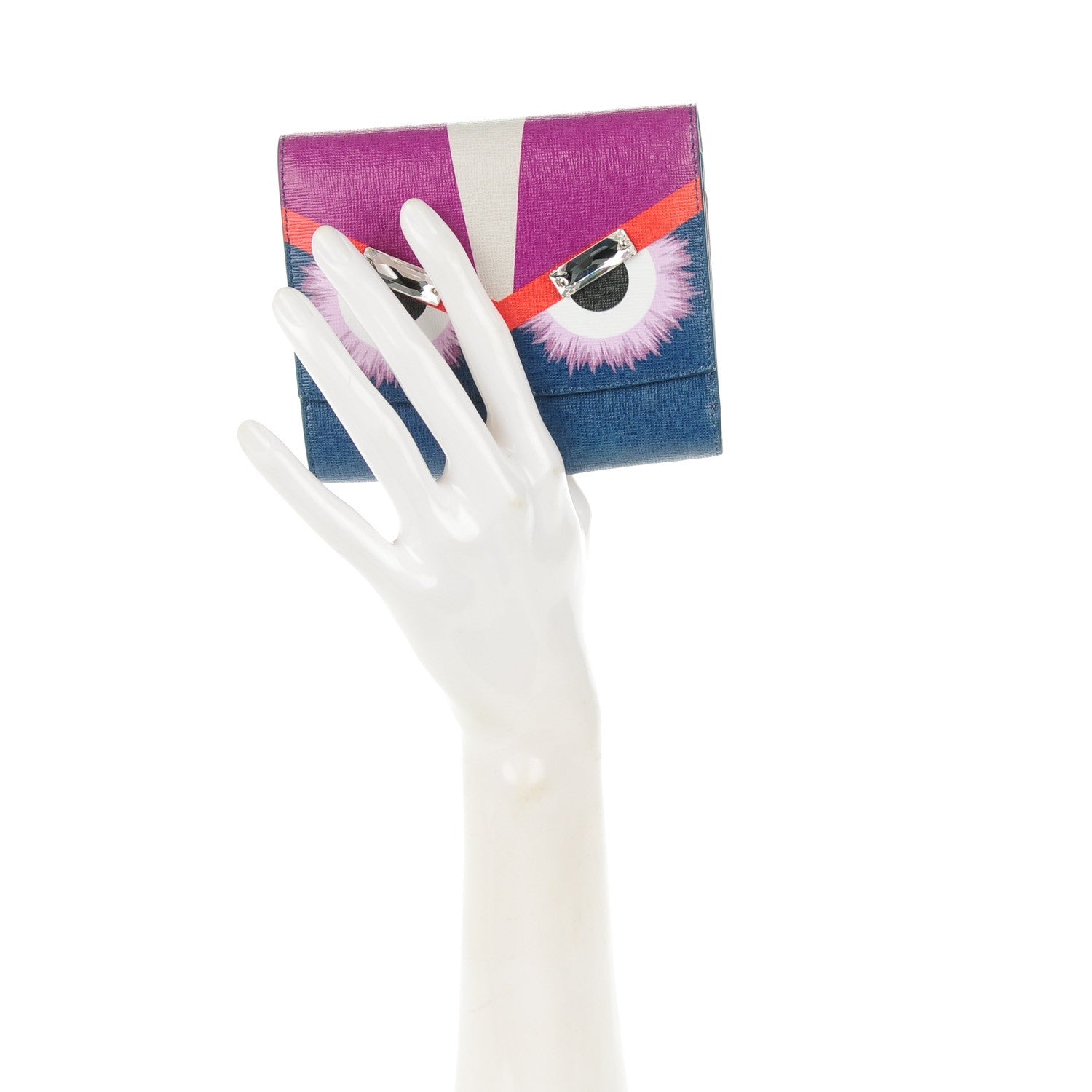 Fendi Vitello Elite Crystal Eye Monster French Wallet Cobalt Lavender Pink 2 of 9