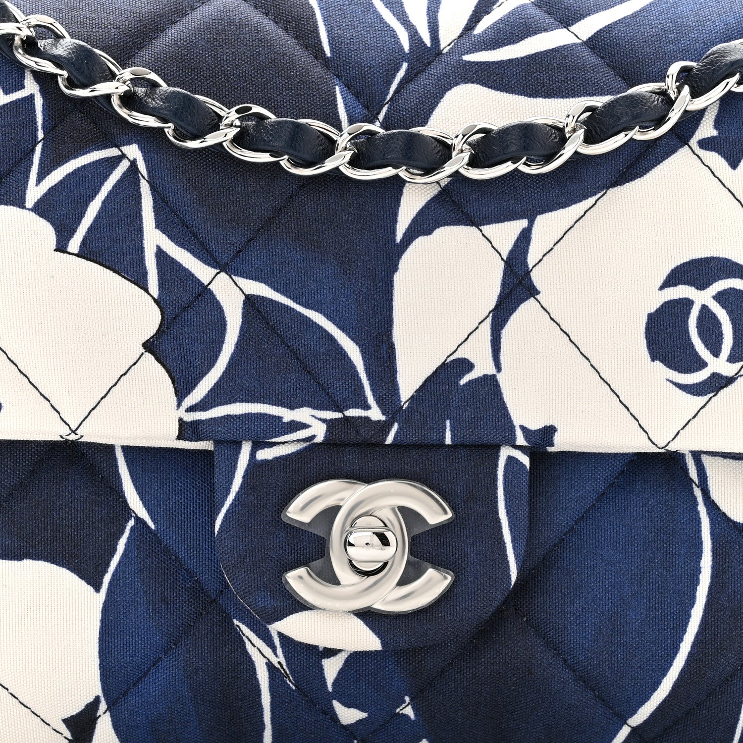 Chanel Floral Printed Silk CC Medium Single Flap Navy Blue White