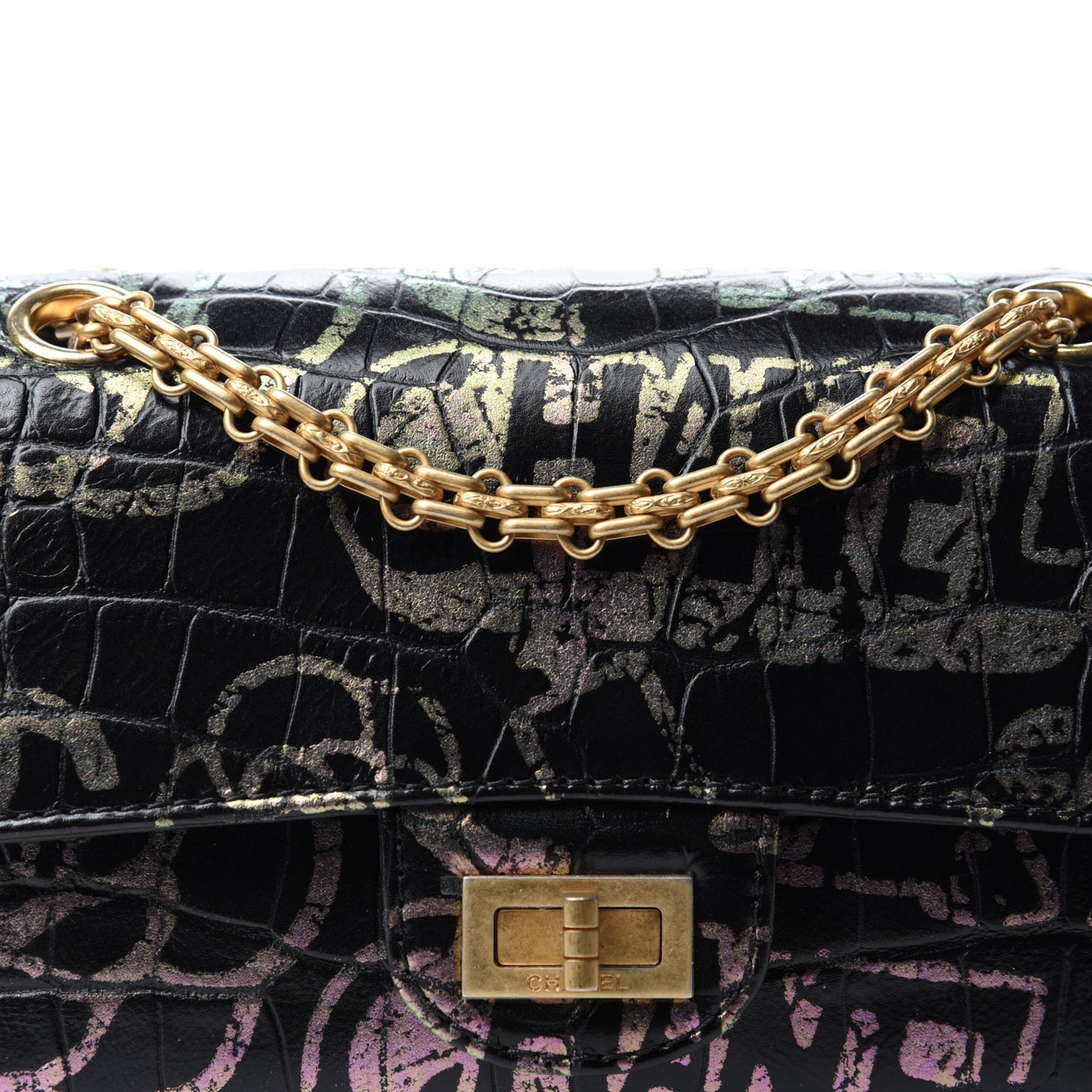 Calfskin Crocodile Embossed Graffiti 2.55 Mini Cocodile Reissue Flap Black Pink