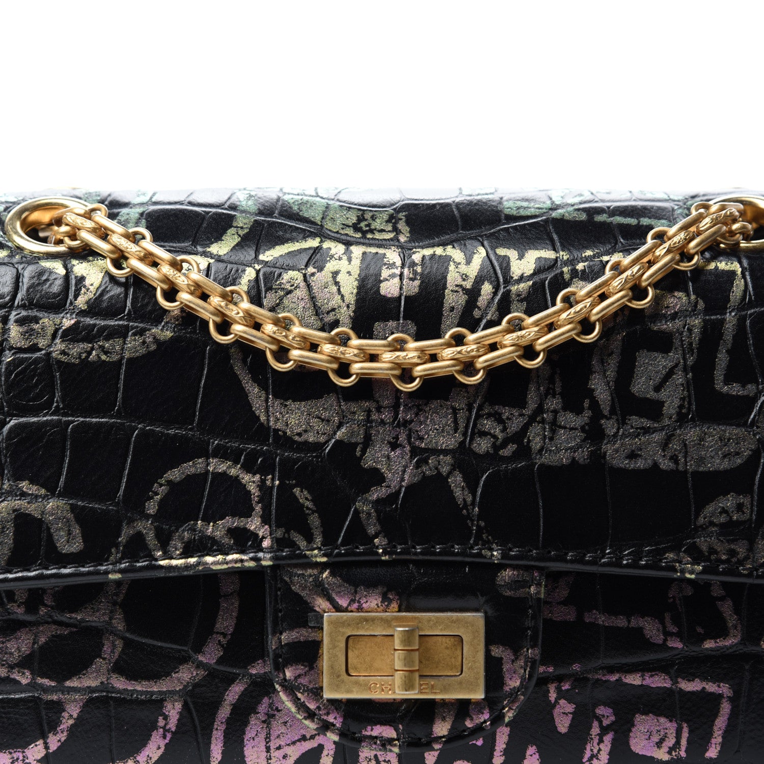Chanel Calfskin Crocodile Embossed Graffiti 2.55 Mini Cocodile Reissue Flap Black Pink 10 of 10