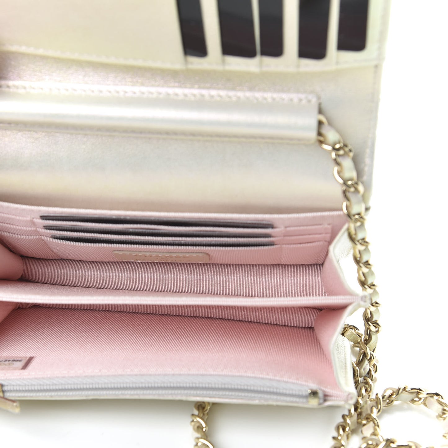 Iridescent Lambskin Quilted Mini Wallet On Chain WOC Ivory