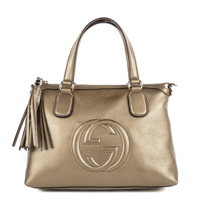 Gucci Metallic Cellarius Calfskin Small Soho Top Handle Satchel Golden Beige 1 of 7